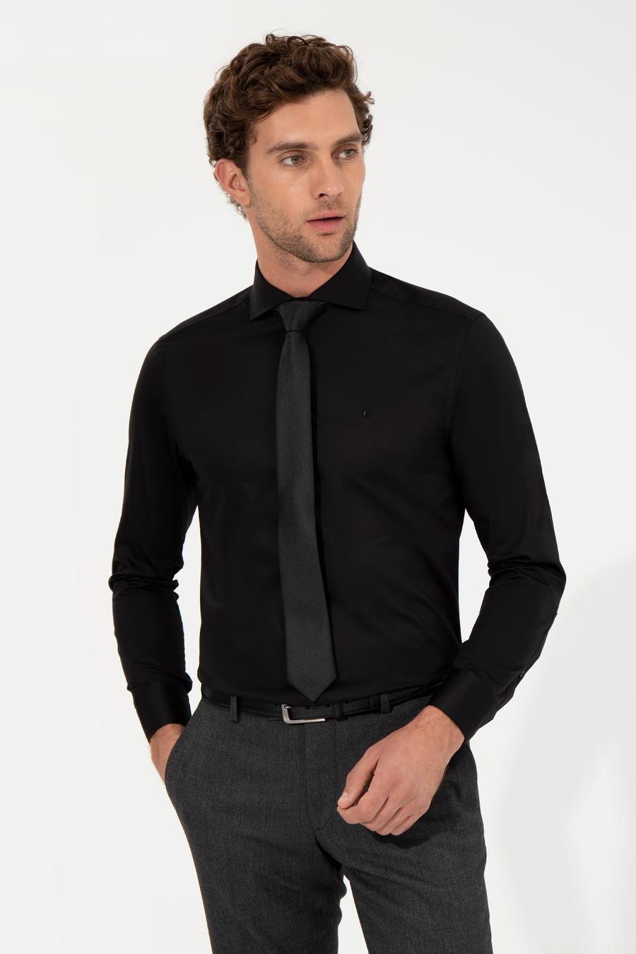 Siyah Slim Fit Uzun Kollu Basic Gömlek - 50259831139