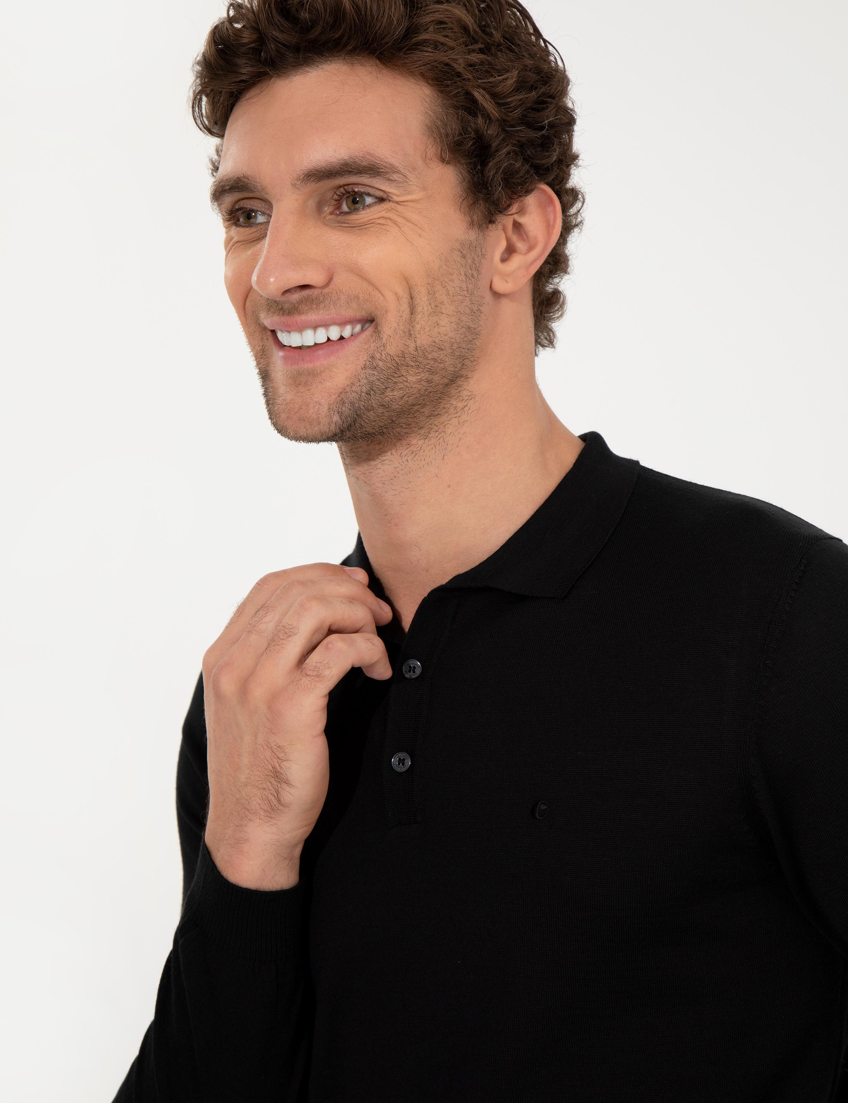 Siyah Slim Fit Polo Yaka Basic Triko Kazak - 50255613004