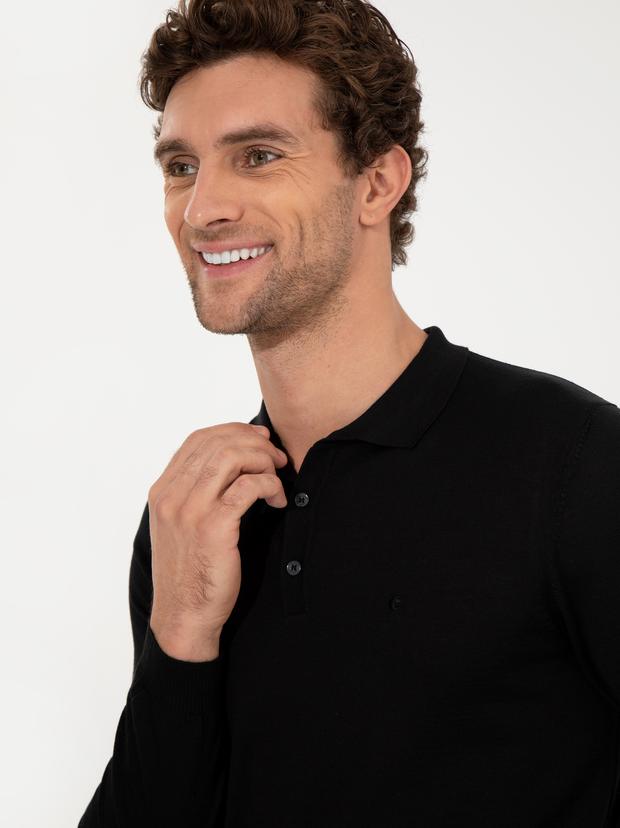 Siyah Slim Fit Polo Yaka Basic Triko Kazak