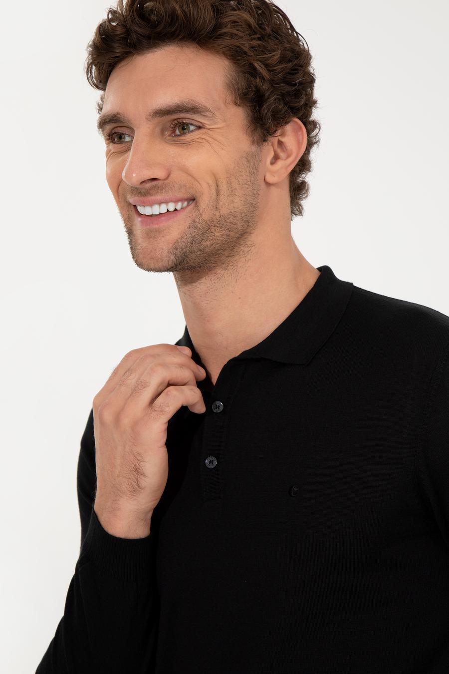 Siyah Slim Fit Polo Yaka Basic Triko Kazak - 50255613004