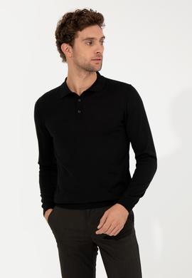 Siyah Slim Fit Polo Yaka Basic Triko Kazak