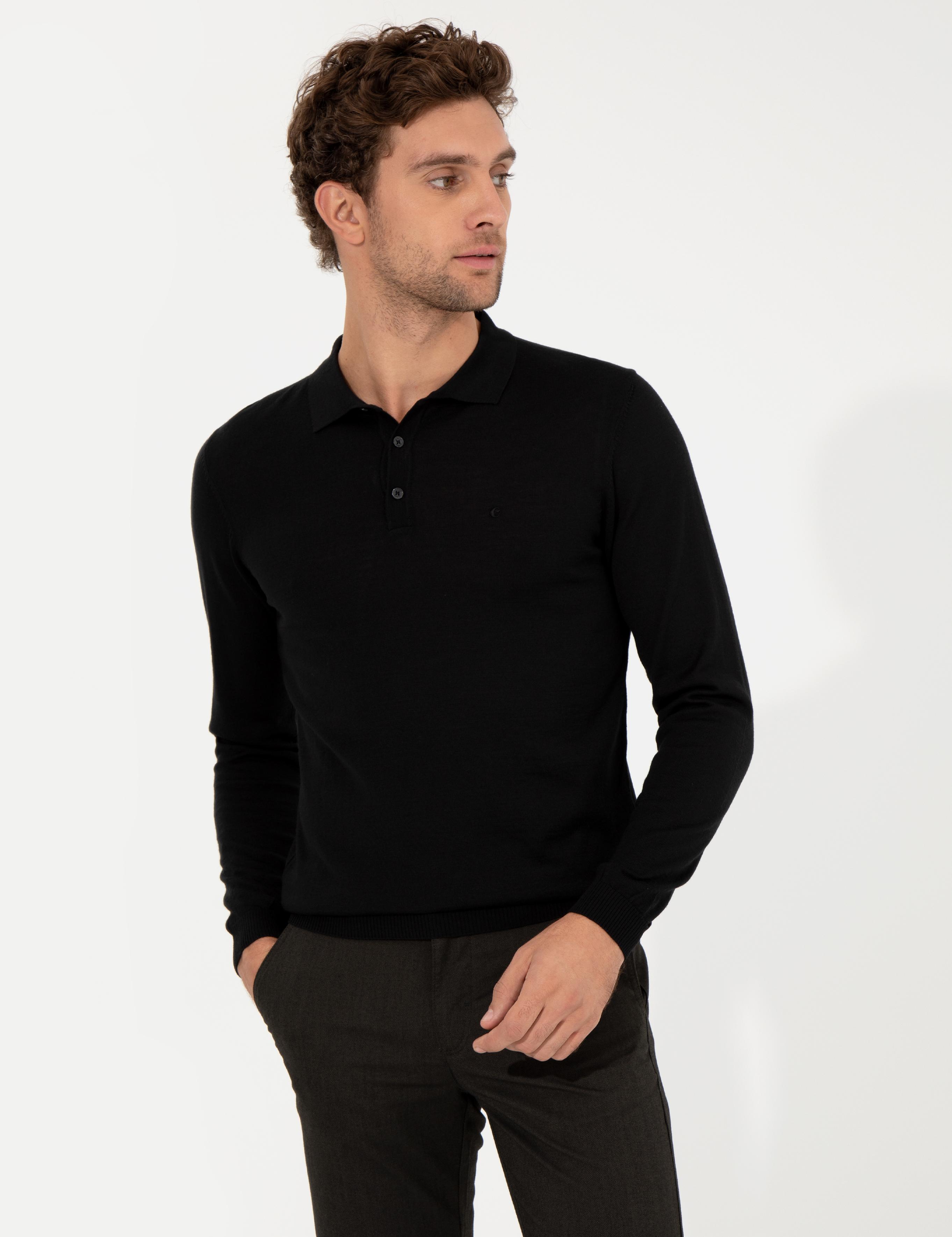 Siyah Slim Fit Polo Yaka Basic Triko Kazak - 50255613004
