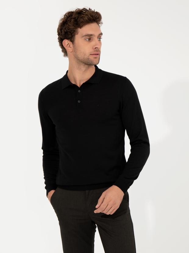 Siyah Slim Fit Polo Yaka Basic Triko Kazak