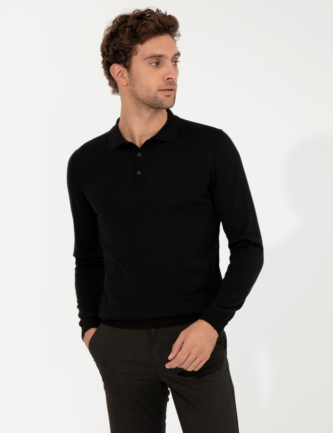 Siyah Slim Fit Polo Yaka Basic Triko Kazak