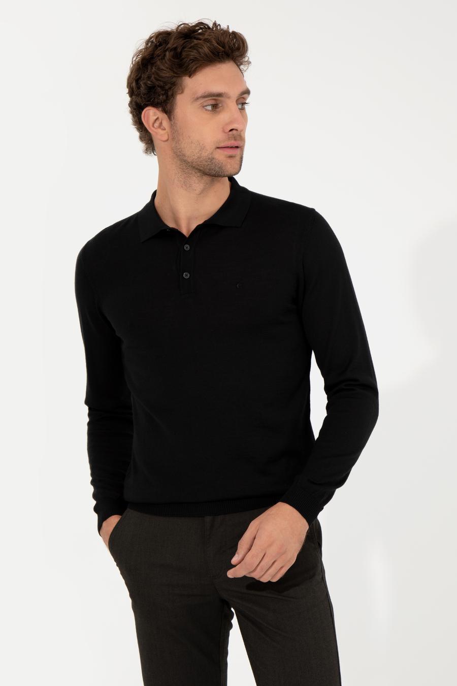 Siyah Slim Fit Polo Yaka Basic Triko Kazak - 50255613004