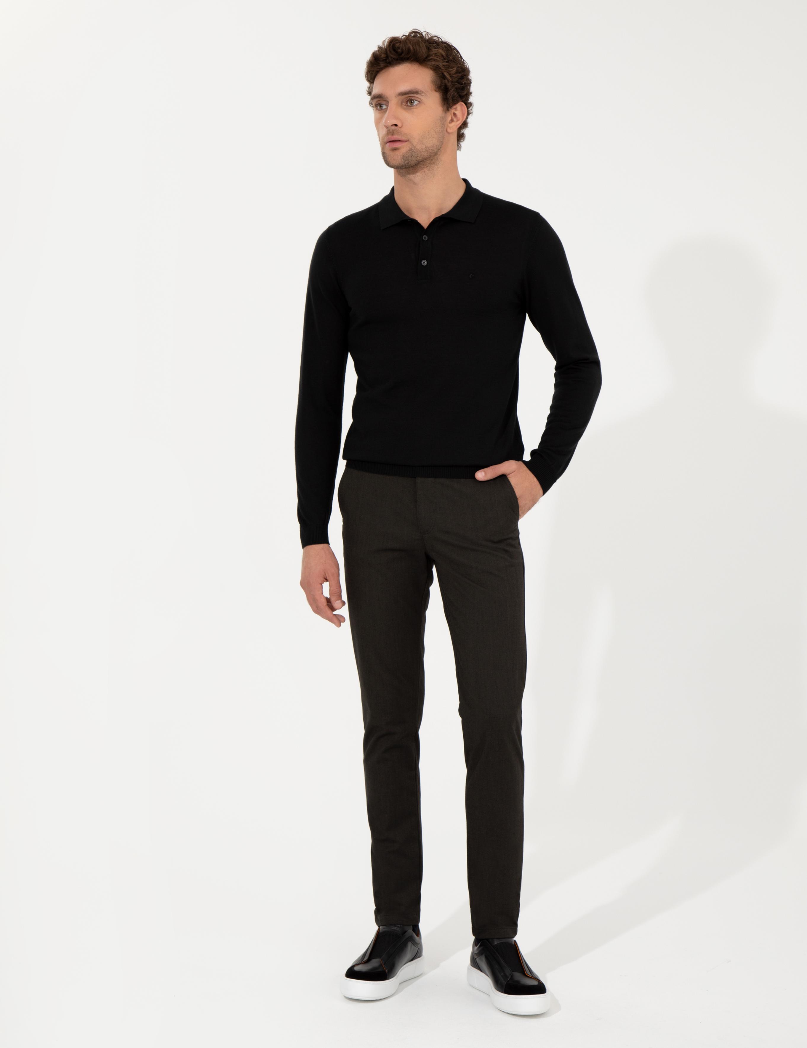 Siyah Slim Fit Polo Yaka Basic Triko Kazak - 50255613004