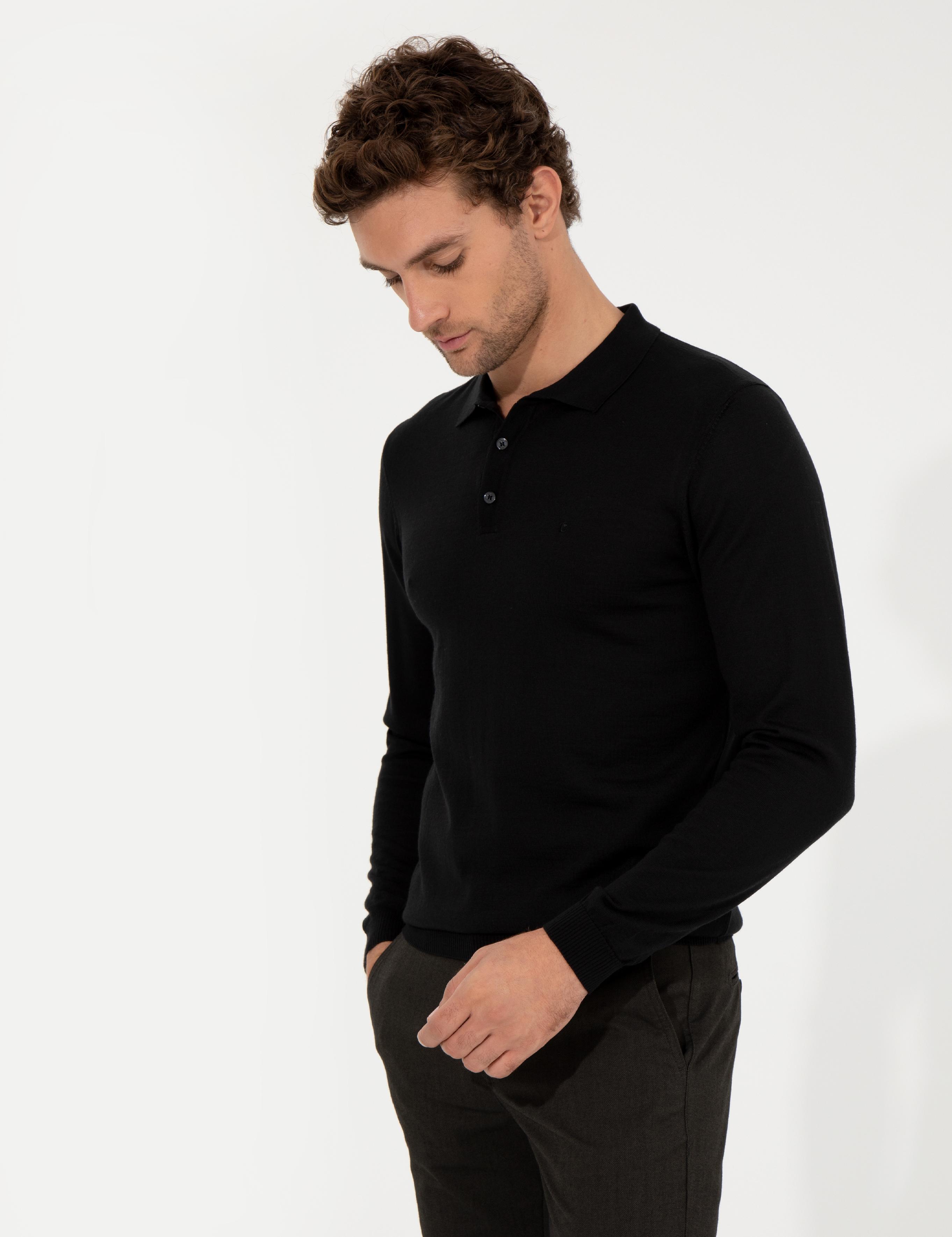 Siyah Slim Fit Polo Yaka Basic Triko Kazak - 50255613004