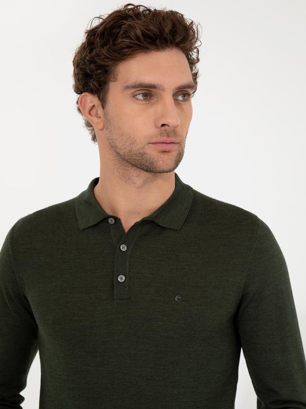 Haki Slim Fit Polo Yaka Basic Triko Kazak