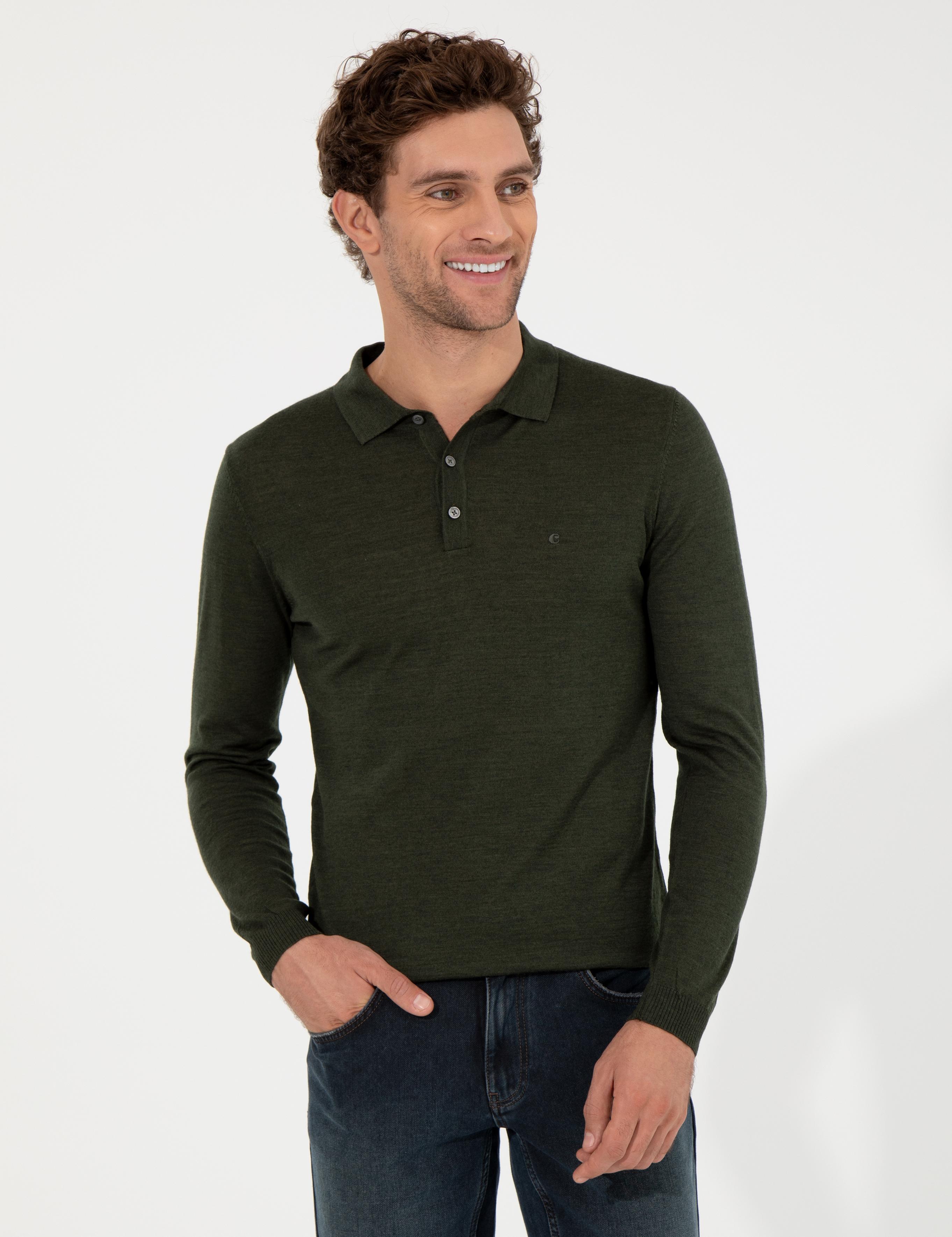 Haki Slim Fit Polo Yaka Basic Triko Kazak - 50255613052