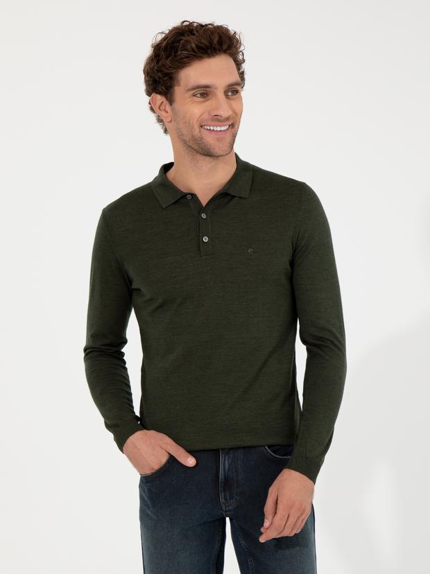 Haki Slim Fit Polo Yaka Basic Triko Kazak
