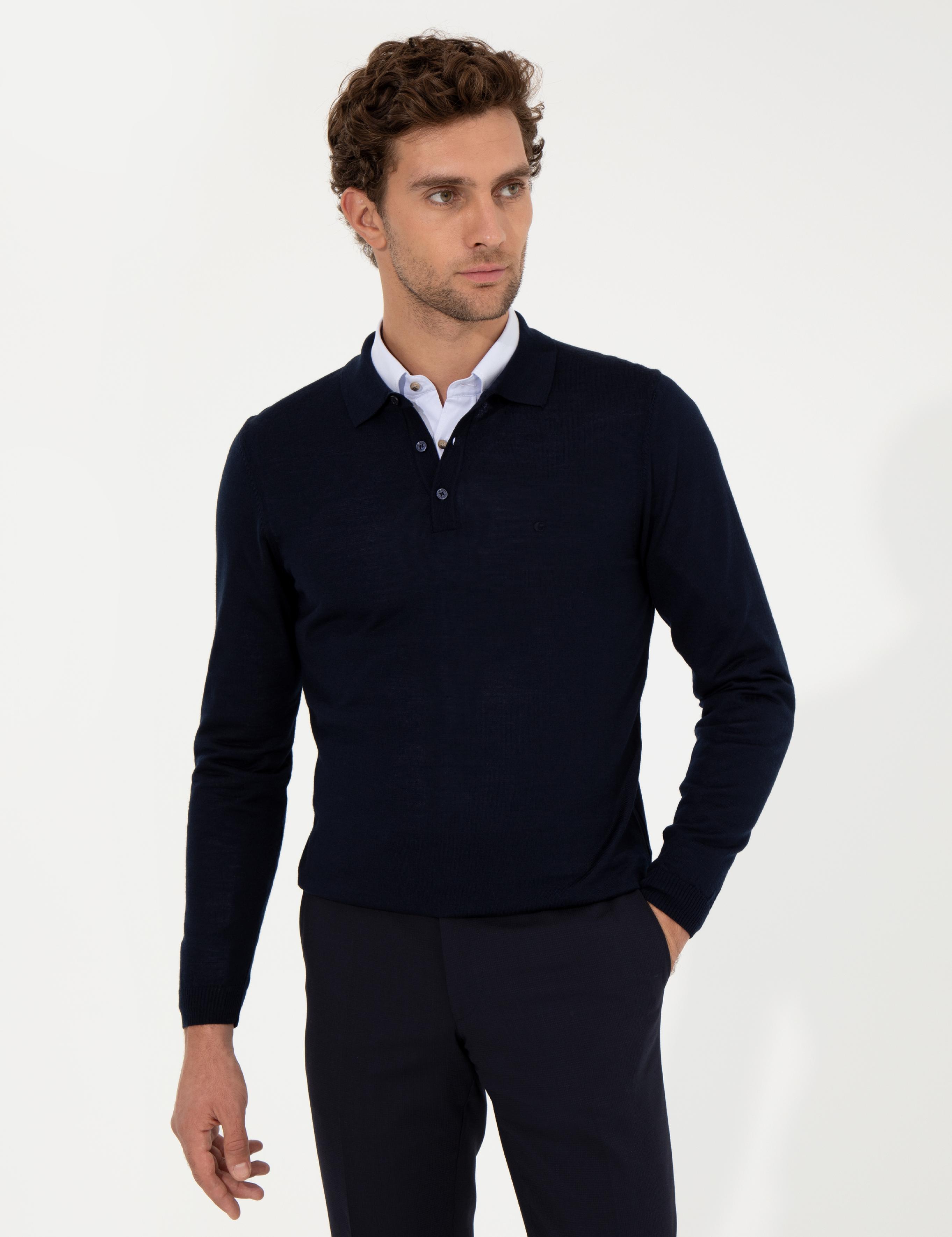 Lacivert Slim Fit Polo Yaka Basic Triko Kazak - 50255613013
