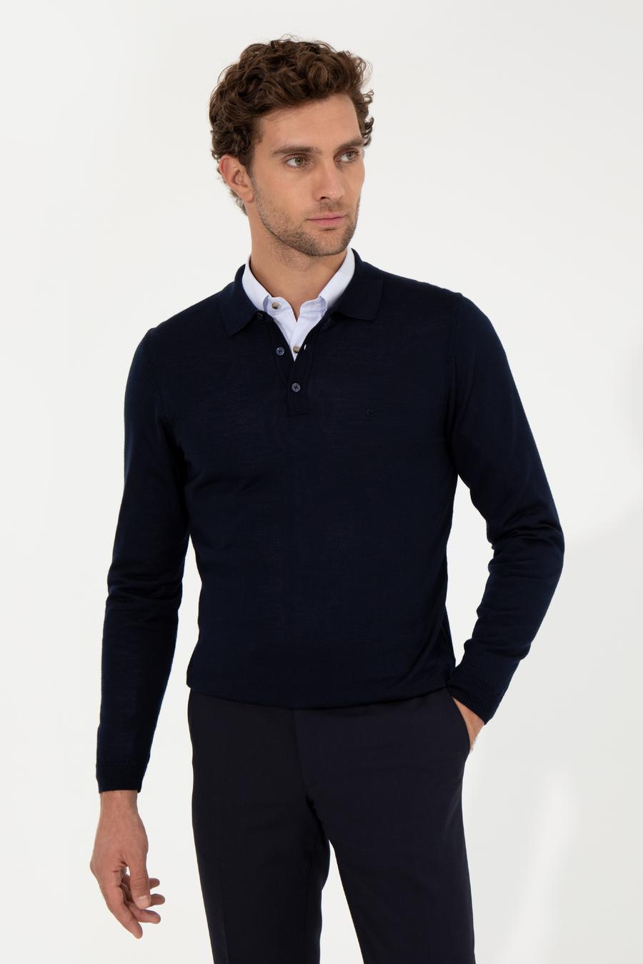 Lacivert Slim Fit Polo Yaka Basic Triko Kazak - 50255613013