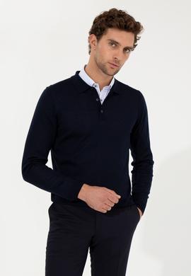 Lacivert Slim Fit Polo Yaka Basic Triko Kazak