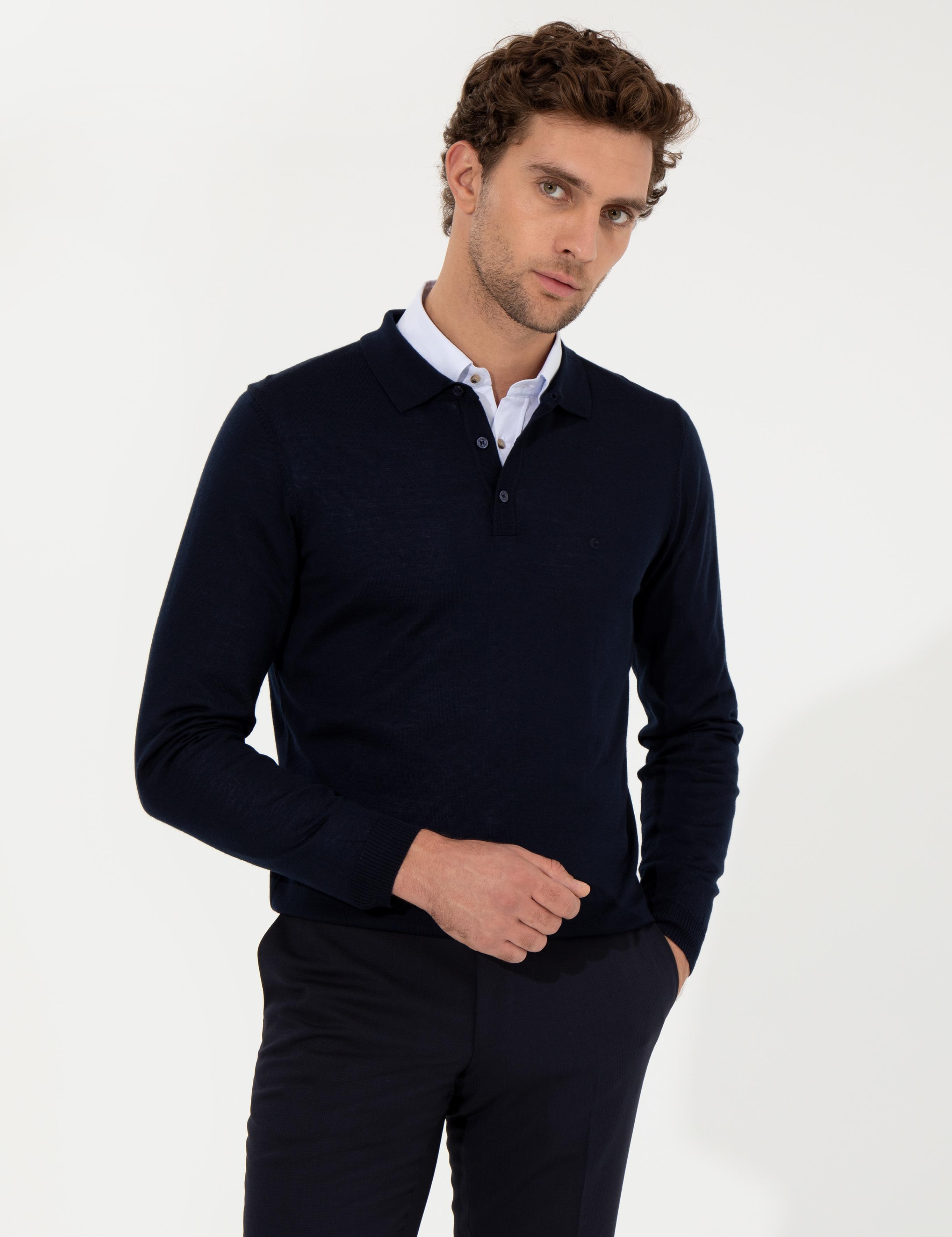 Lacivert Slim Fit Polo Yaka Basic Triko Kazak - 50255613013
