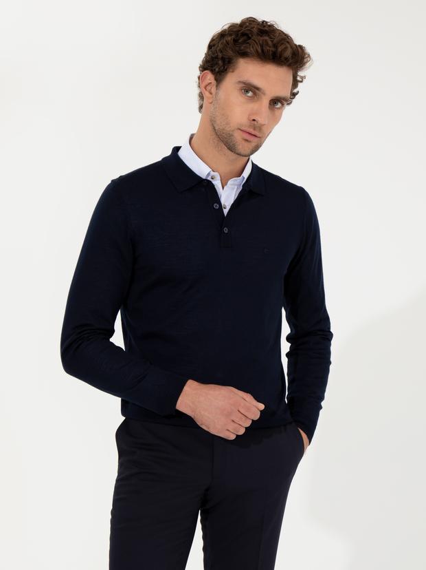 Lacivert Slim Fit Polo Yaka Basic Triko Kazak