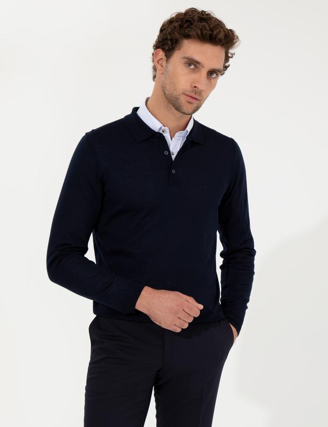 Lacivert Slim Fit Polo Yaka Basic Triko Kazak