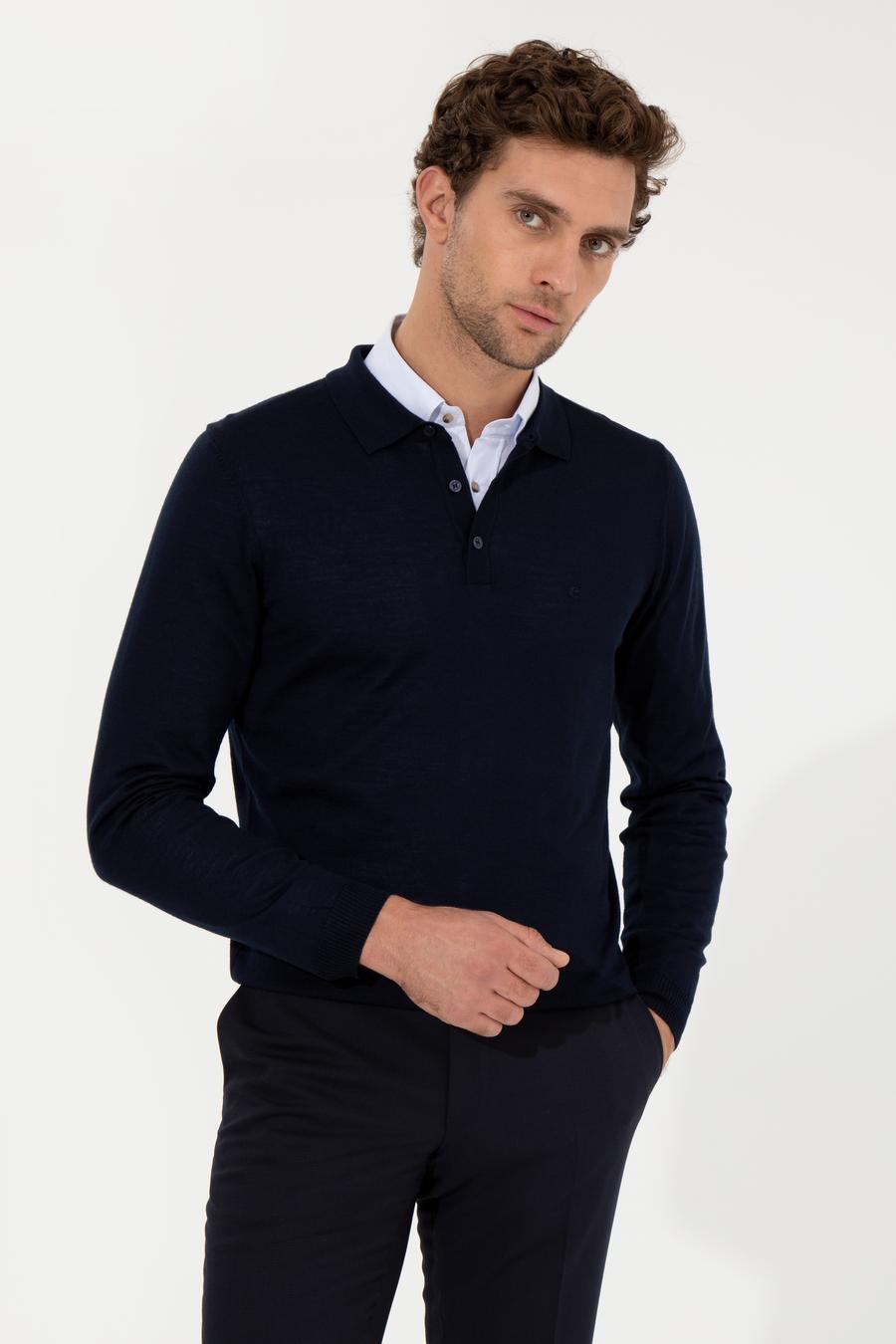 Lacivert Slim Fit Polo Yaka Basic Triko Kazak - 50255613013