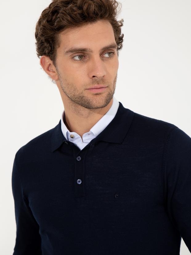 Lacivert Slim Fit Polo Yaka Basic Triko Kazak