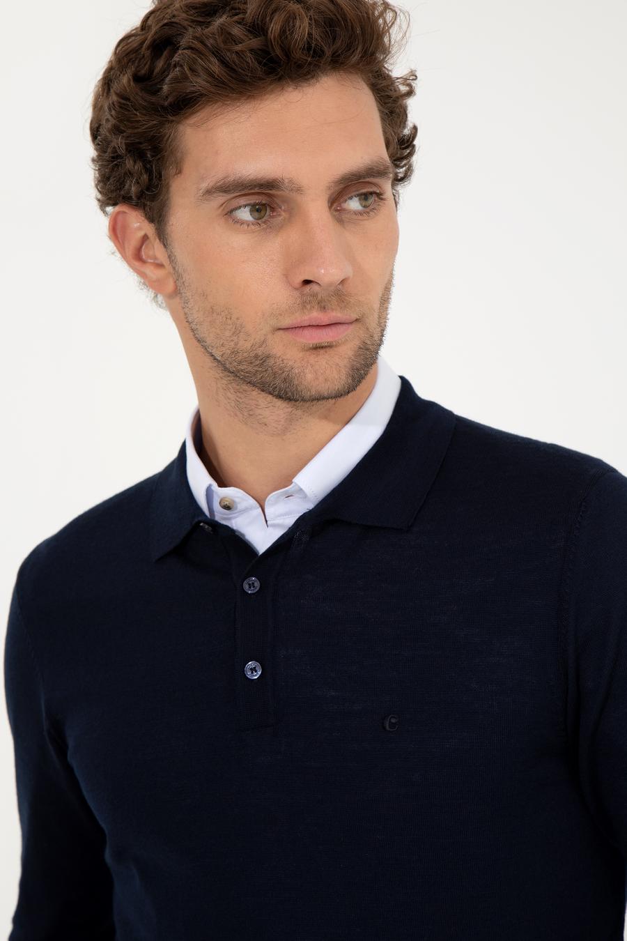 Lacivert Slim Fit Polo Yaka Basic Triko Kazak - 50255613013