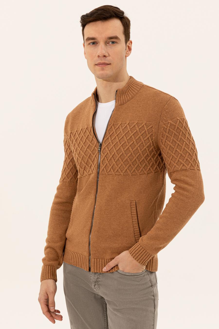 Camel Slim Fit Dik Yaka Triko Hırka - 50256926074