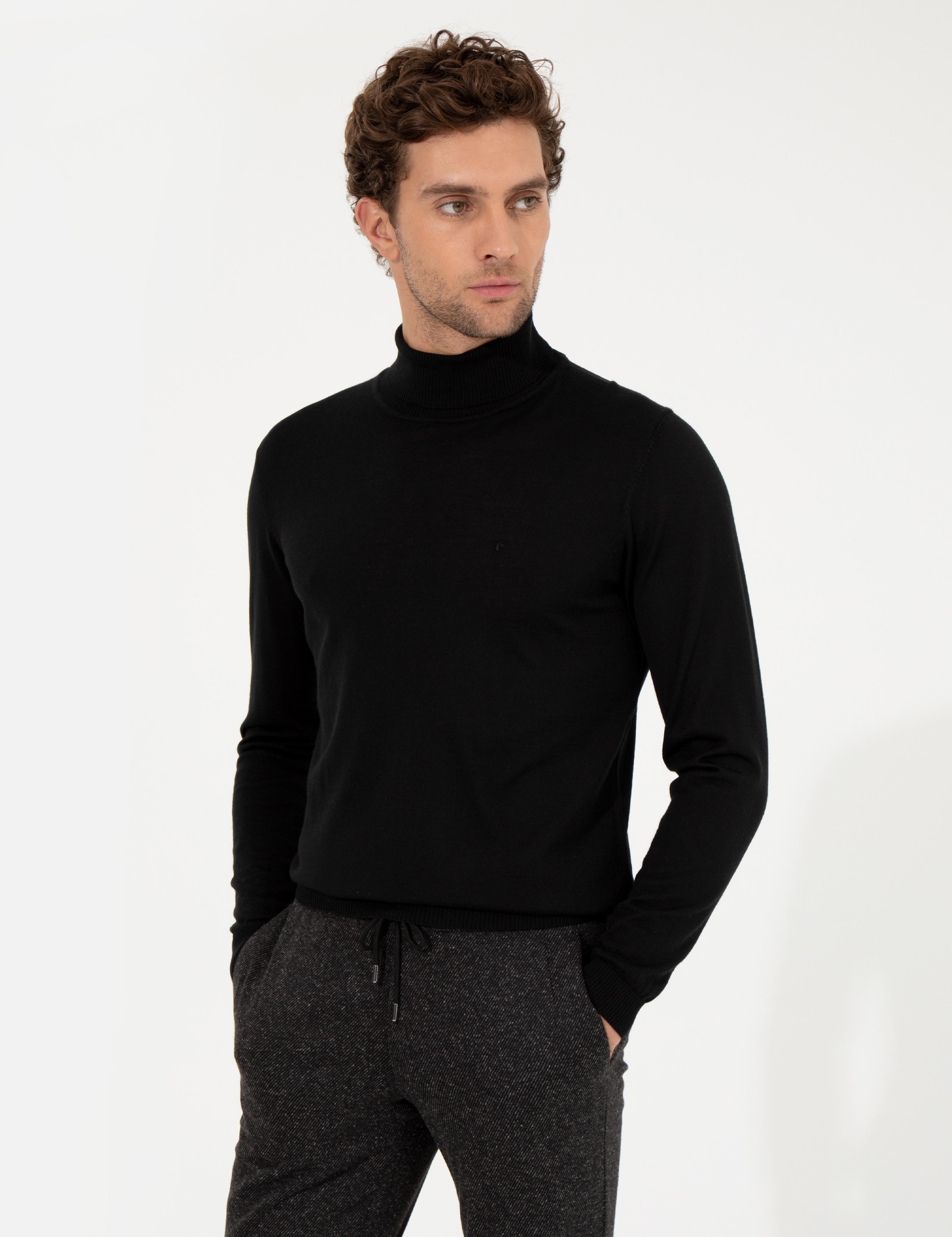 Siyah Slim Fit Balıkçı Yaka Basic Triko Kazak - 50257269008