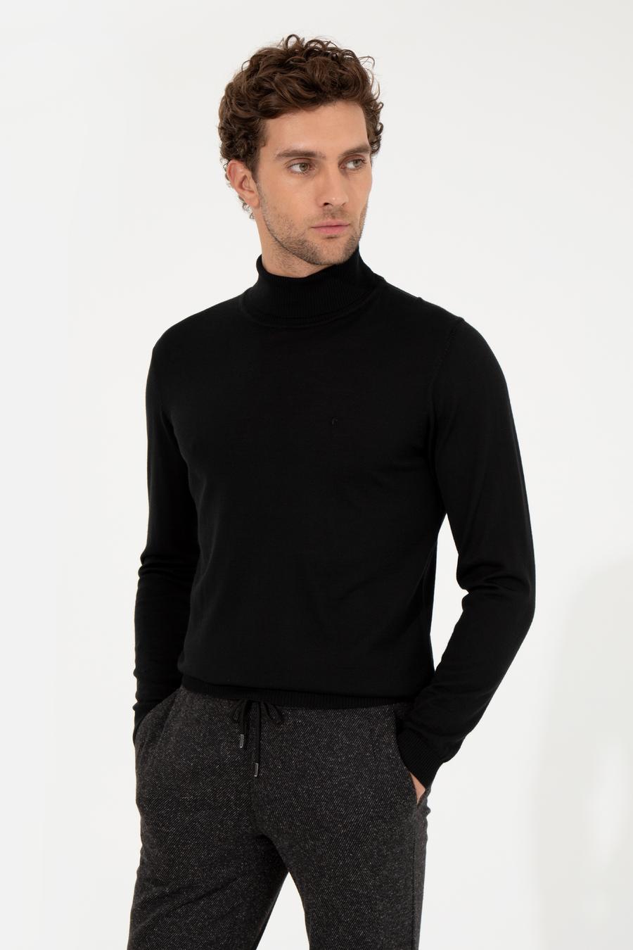 Siyah Slim Fit Balıkçı Yaka Basic Triko Kazak - 50257269008