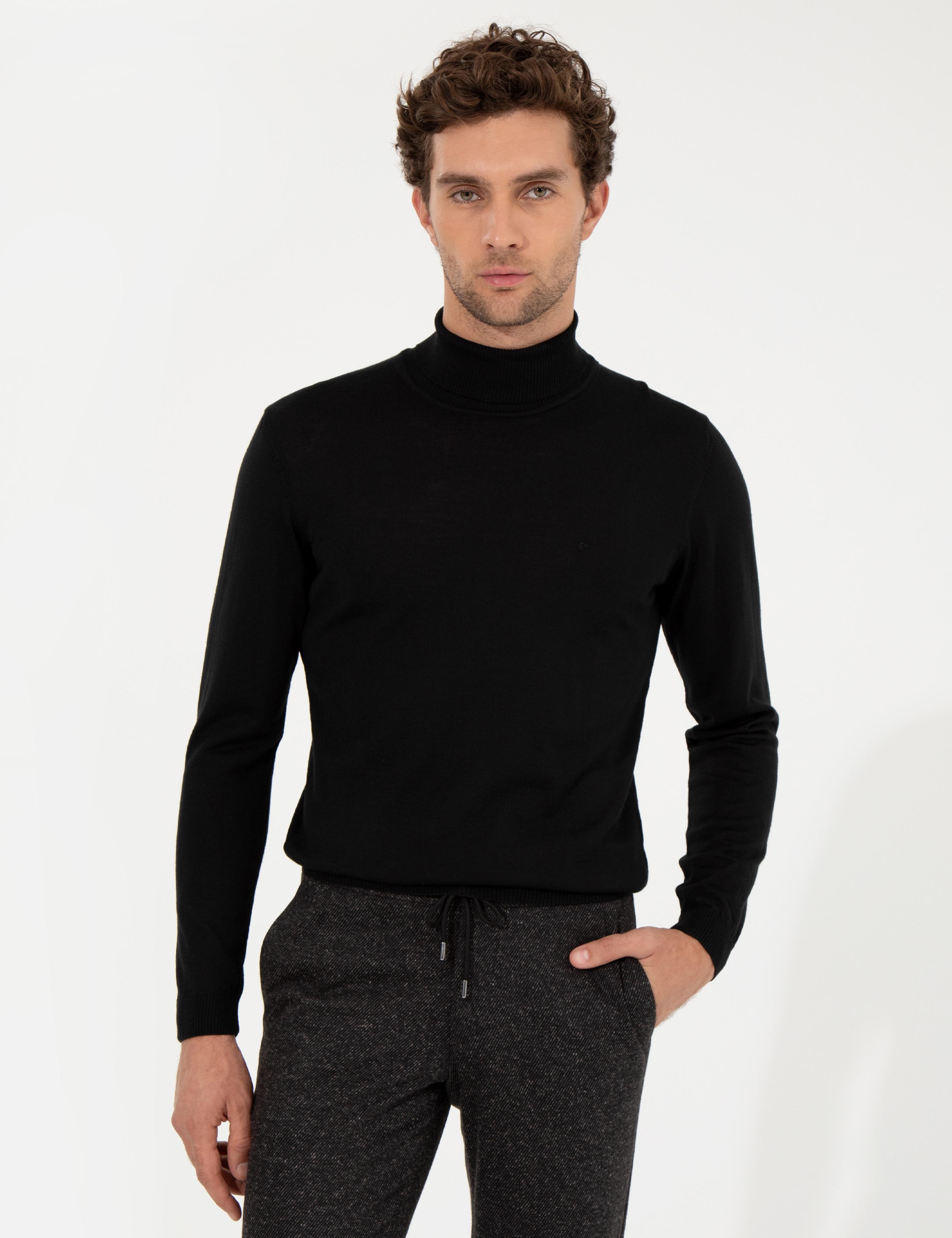 Siyah Slim Fit Balıkçı Yaka Basic Triko Kazak - 50257269008