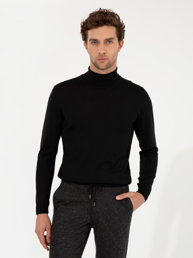 Siyah Slim Fit Balıkçı Yaka Basic Triko Kazak