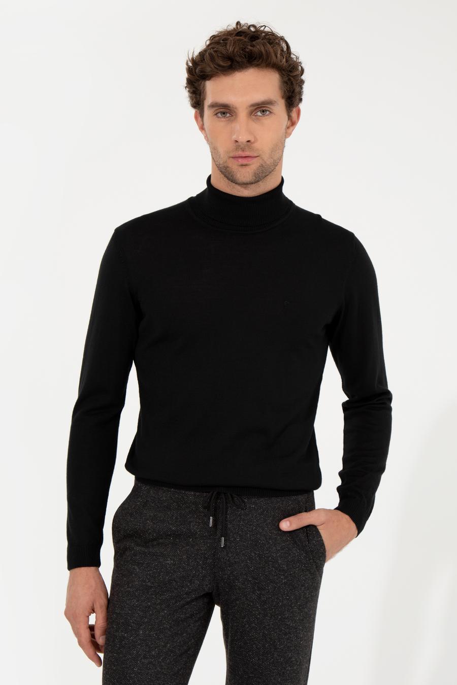Siyah Slim Fit Balıkçı Yaka Basic Triko Kazak - 50257269008
