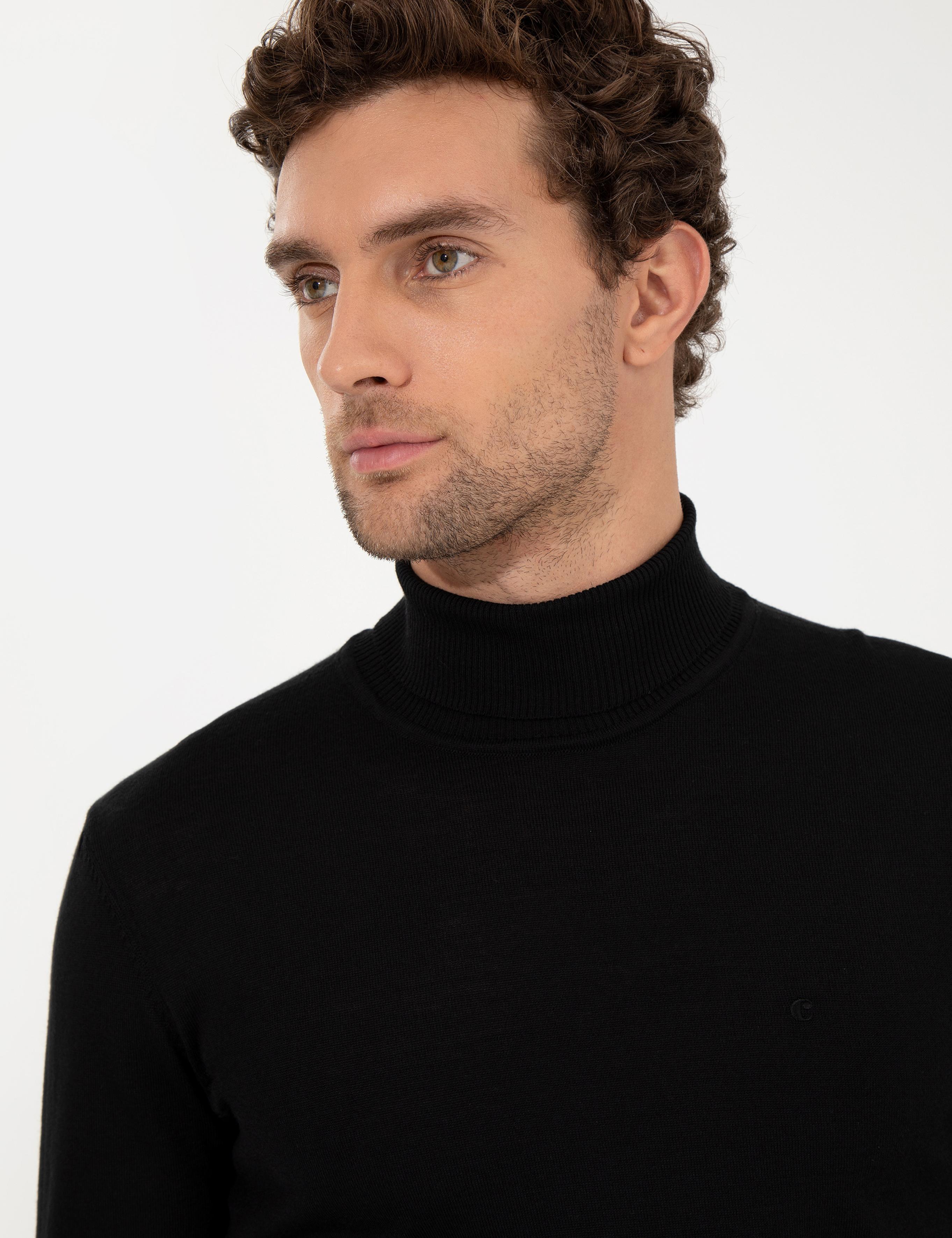 Siyah Slim Fit Balıkçı Yaka Basic Triko Kazak - 50257269008