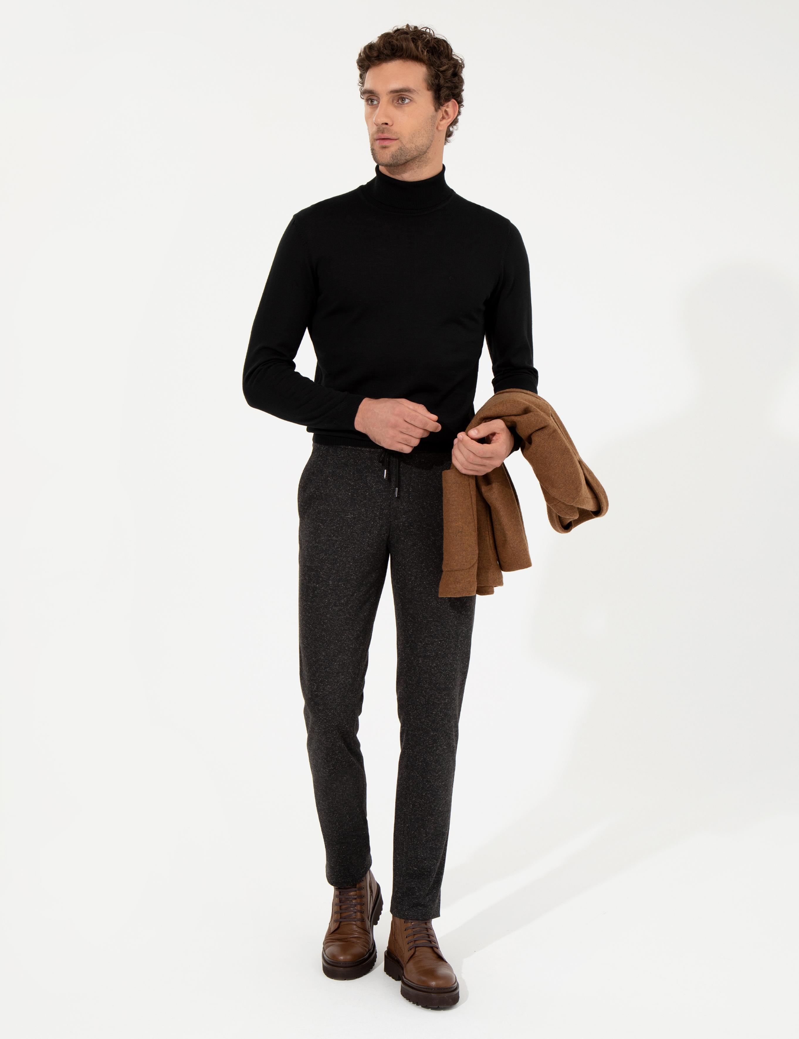 Siyah Slim Fit Balıkçı Yaka Basic Triko Kazak - 50257269008