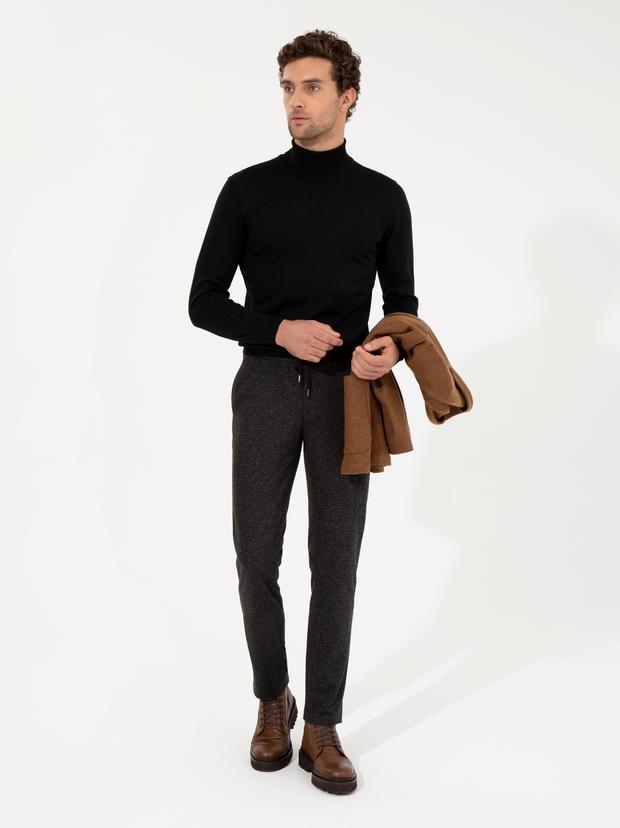 Siyah Slim Fit Balıkçı Yaka Basic Triko Kazak