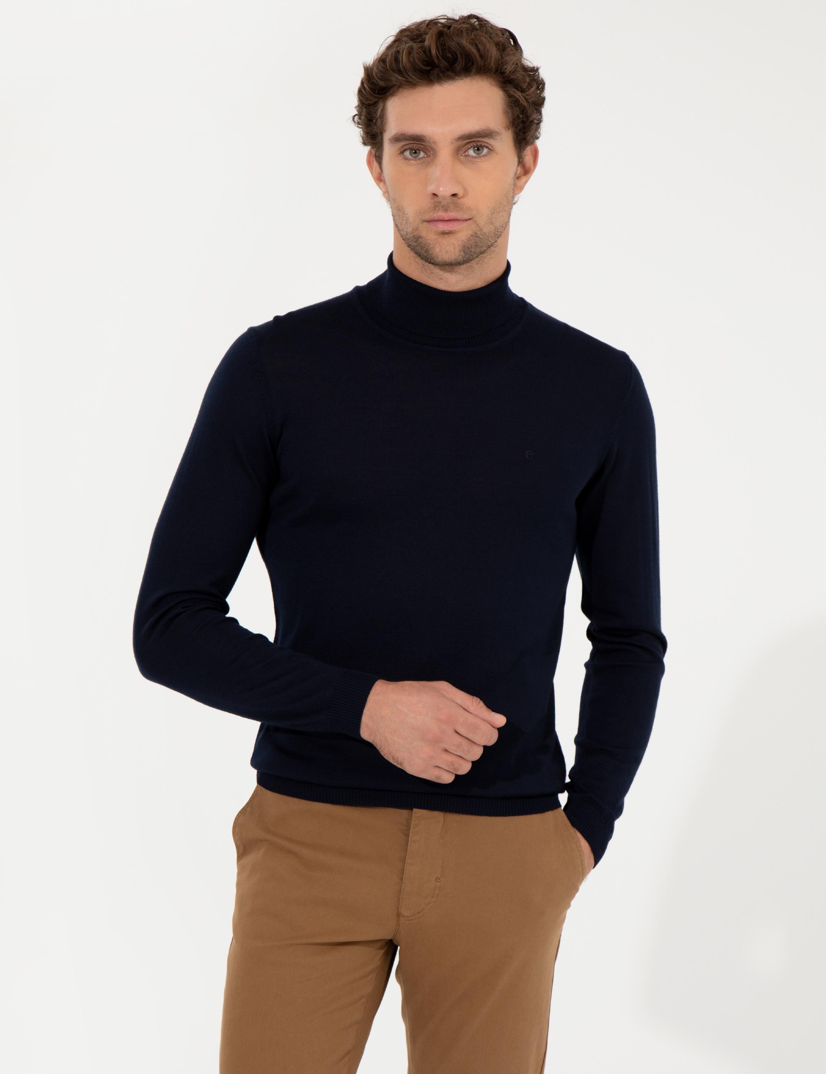 Lacivert Slim Fit Balıkçı Yaka Basic Triko Kazak - 50257269017