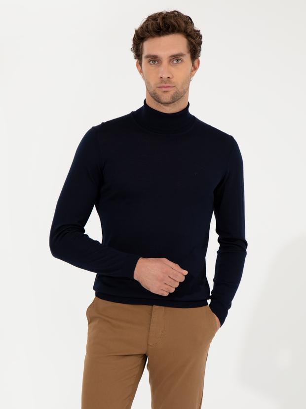 Lacivert Slim Fit Balıkçı Yaka Basic Triko Kazak
