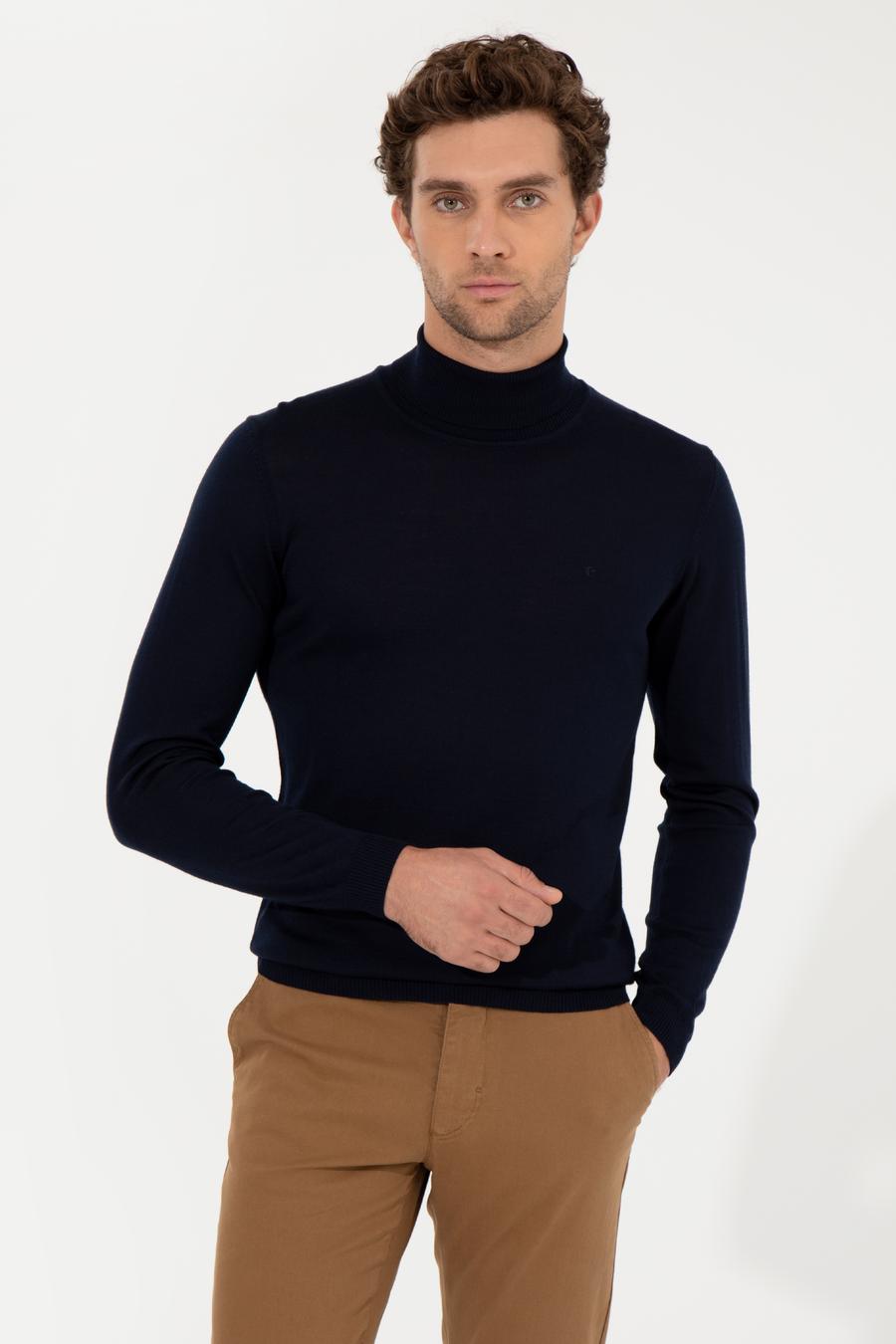 Lacivert Slim Fit Balıkçı Yaka Basic Triko Kazak - 50257269017