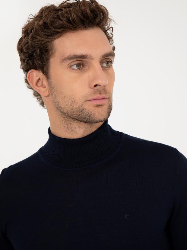 Lacivert Slim Fit Balıkçı Yaka Basic Triko Kazak