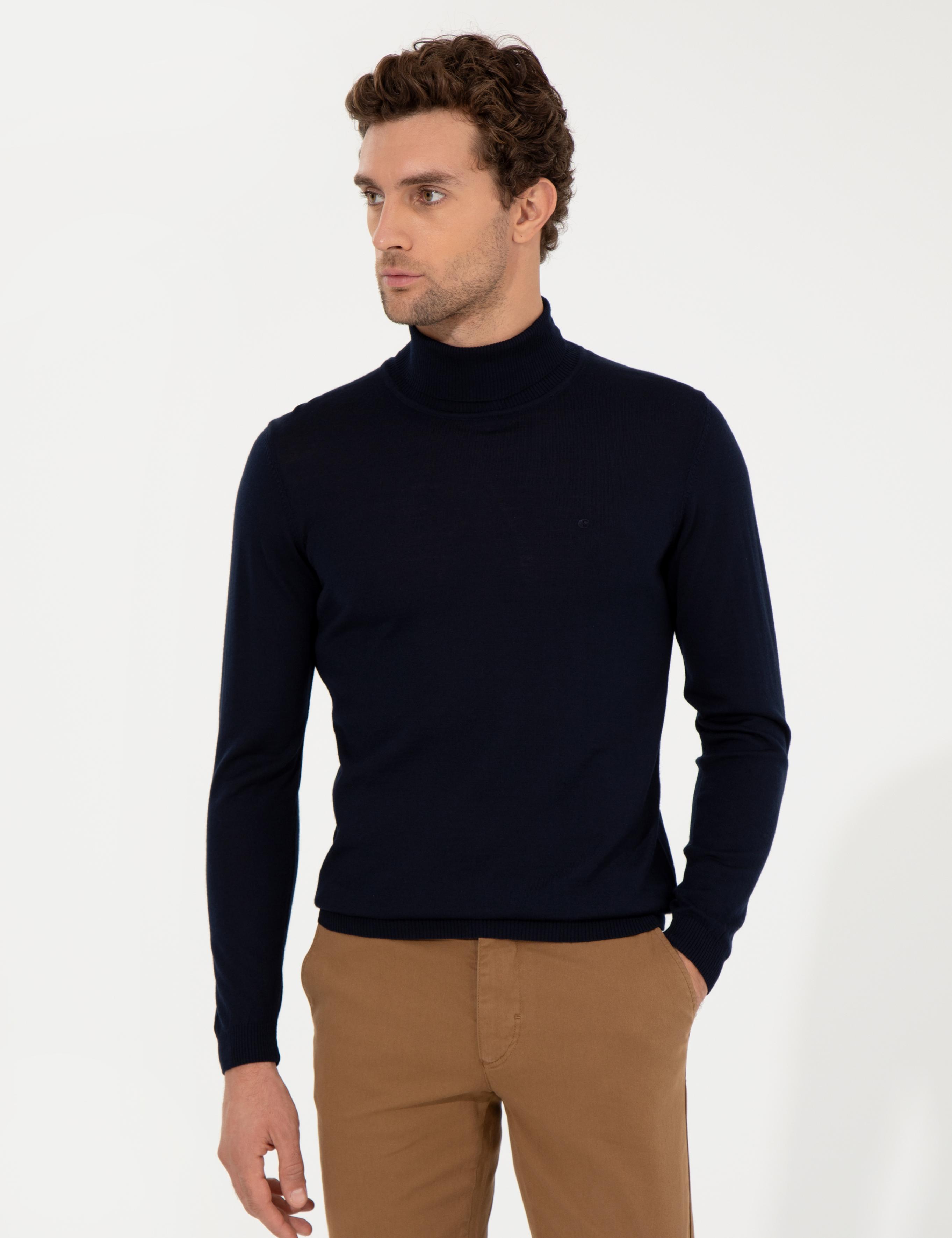Lacivert Slim Fit Balıkçı Yaka Basic Triko Kazak - 50257269017