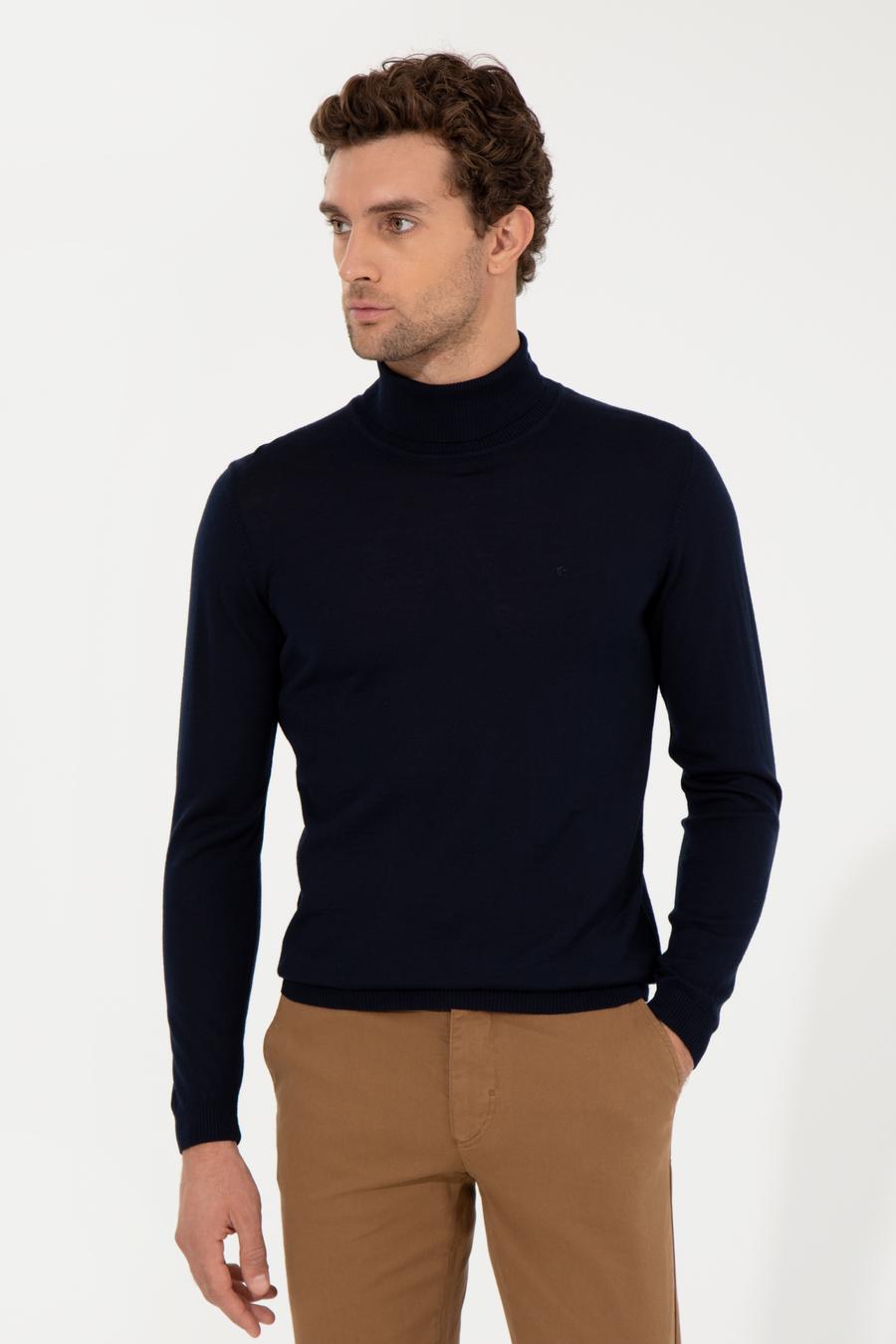 Lacivert Slim Fit Balıkçı Yaka Basic Triko Kazak - 50257269017