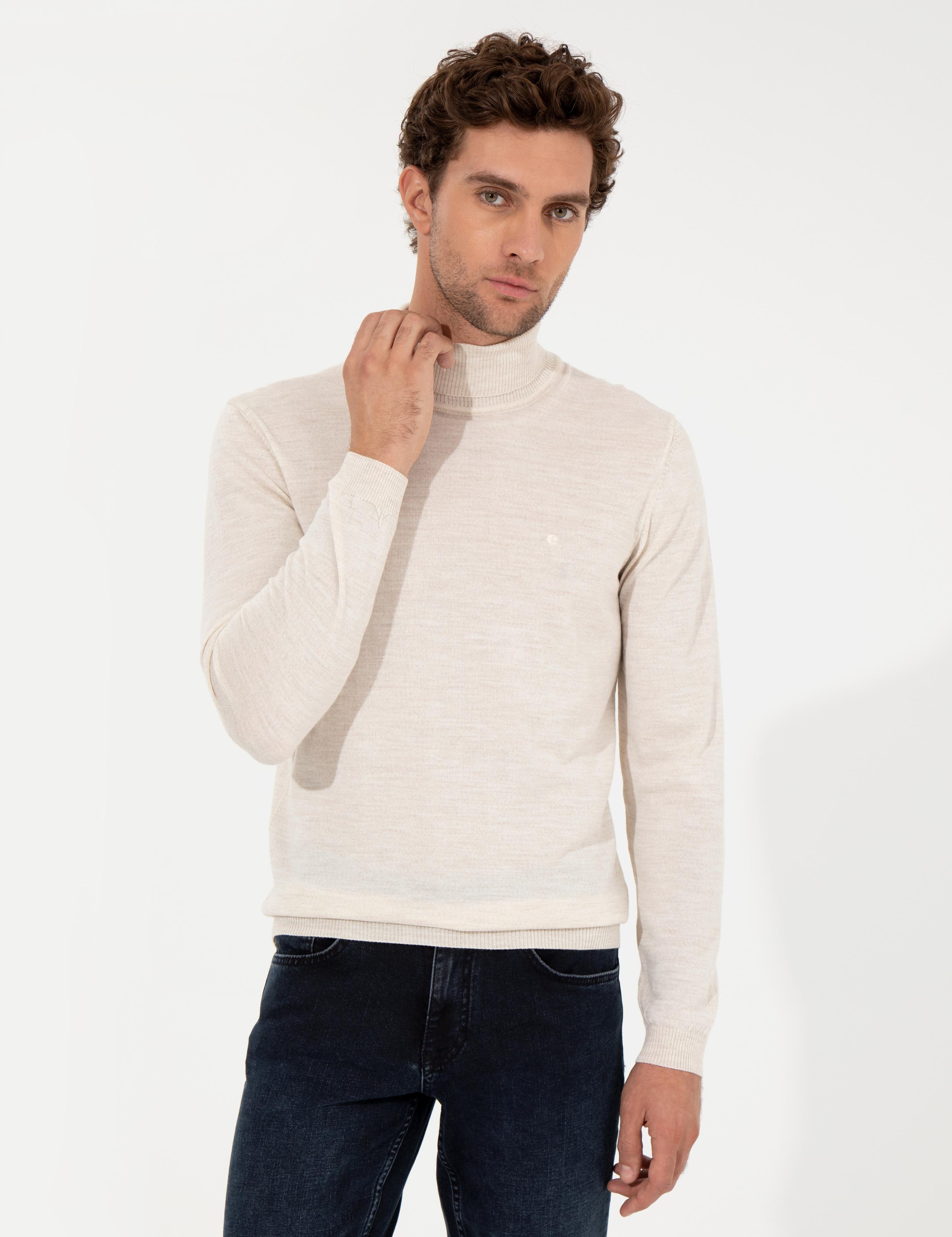 Bej Slim Fit Balıkçı Yaka Basic Triko Kazak - 50257269037