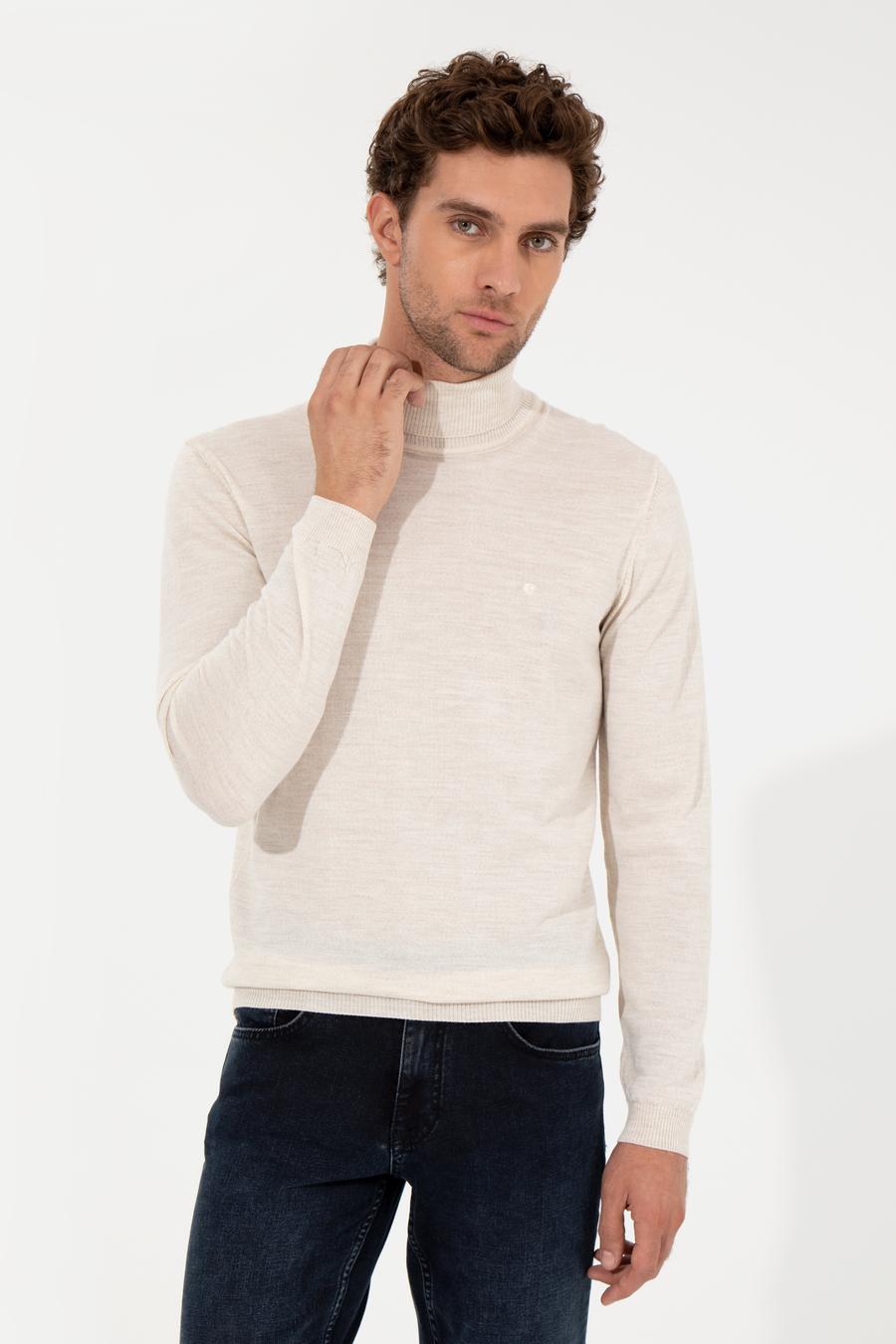 Bej Slim Fit Balıkçı Yaka Basic Triko Kazak - 50257269037
