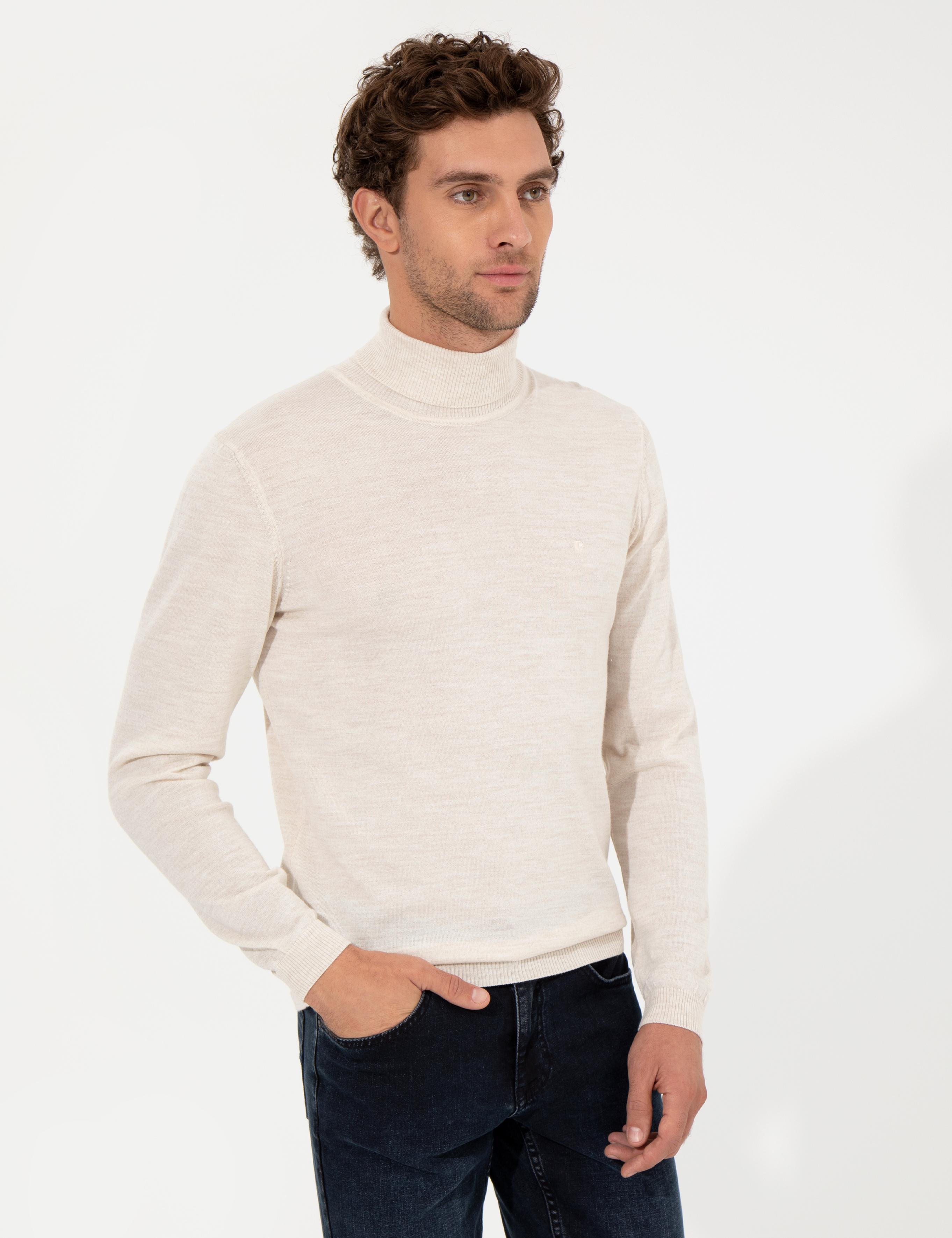 Bej Slim Fit Balıkçı Yaka Basic Triko Kazak - 50257269037