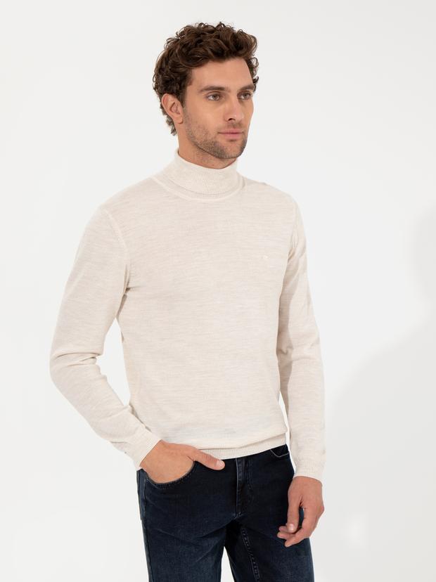 Bej Slim Fit Balıkçı Yaka Basic Triko Kazak