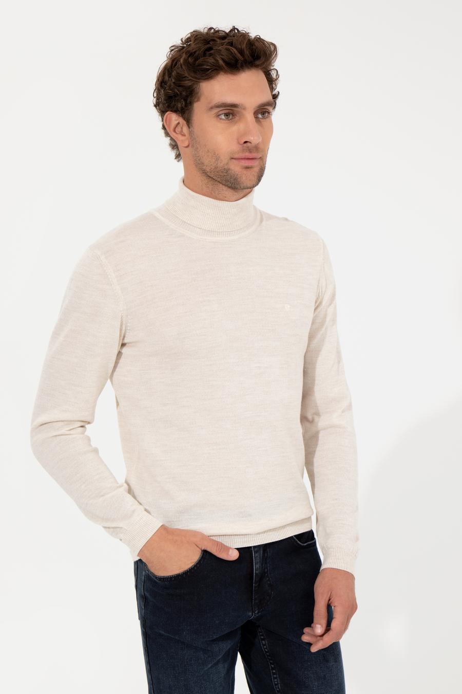 Bej Slim Fit Balıkçı Yaka Basic Triko Kazak - 50257269037