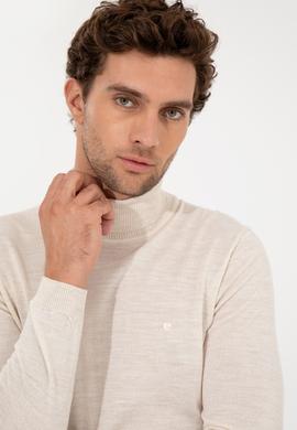 Bej Slim Fit Balıkçı Yaka Basic Triko Kazak