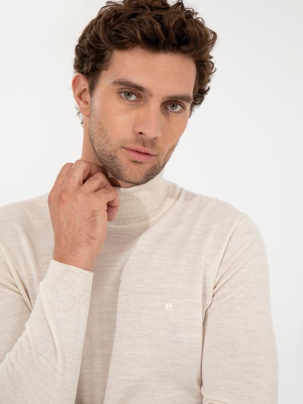Bej Slim Fit Balıkçı Yaka Basic Triko Kazak