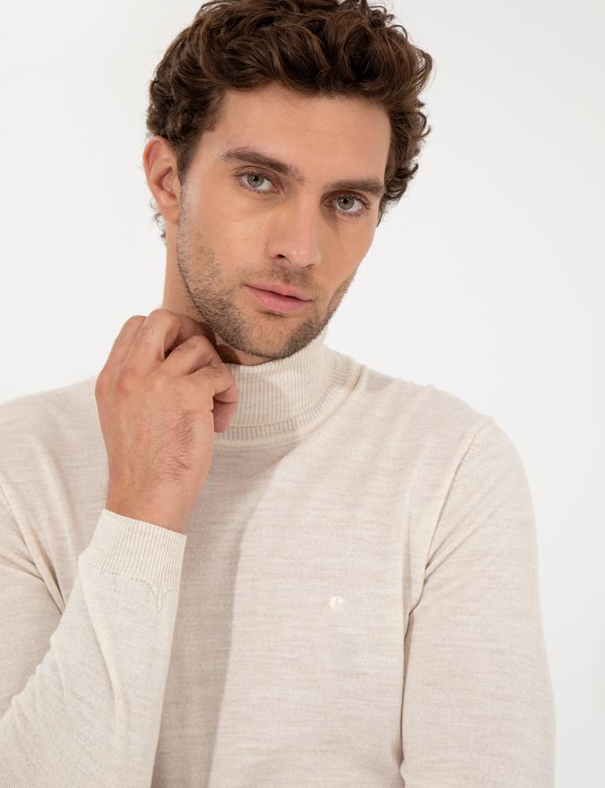 Bej Slim Fit Balıkçı Yaka Basic Triko Kazak