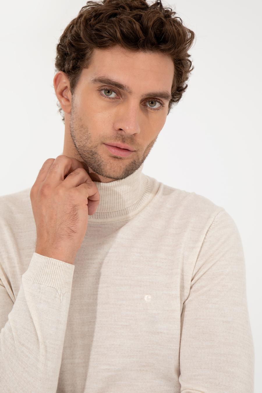 Bej Slim Fit Balıkçı Yaka Basic Triko Kazak - 50257269037