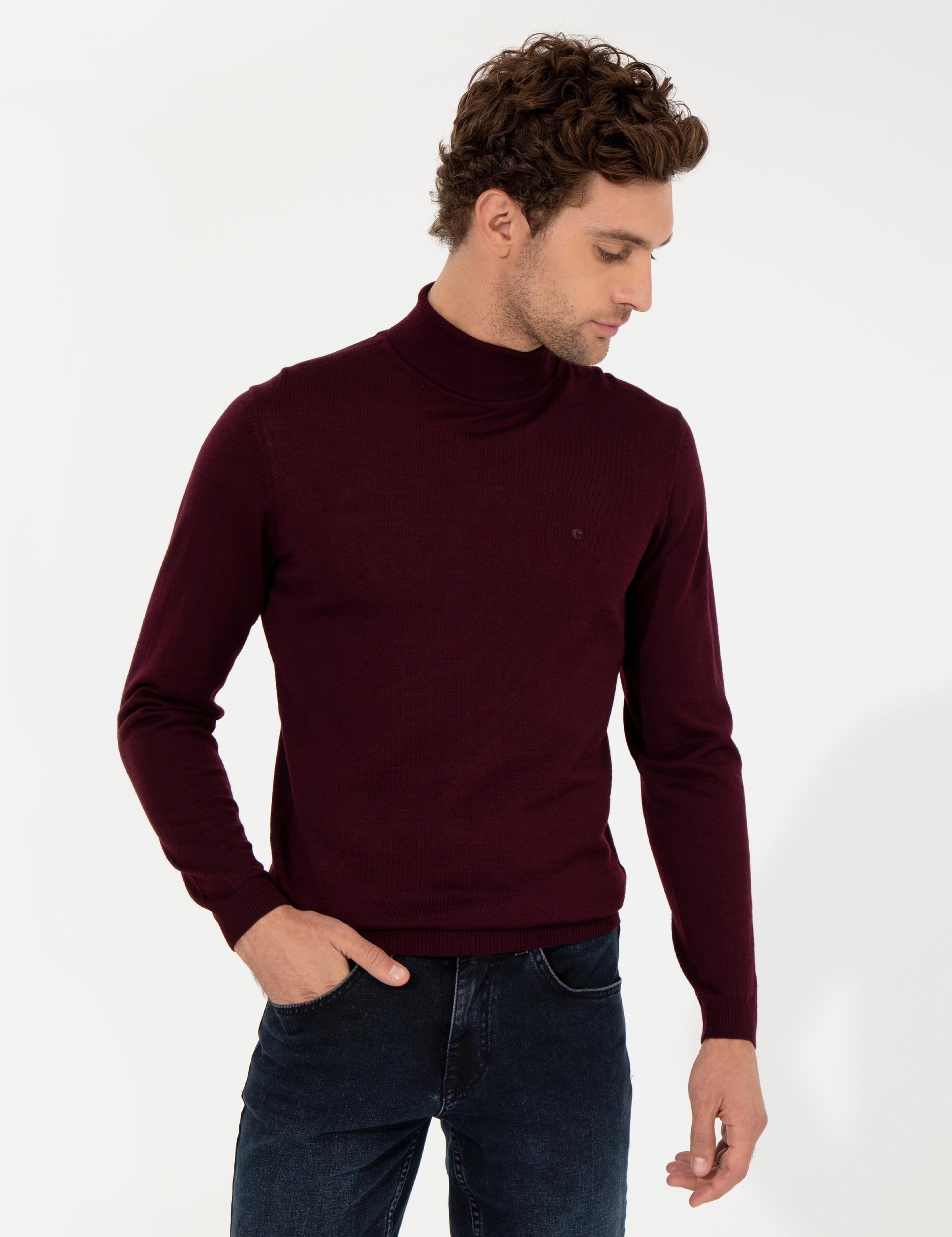 Bordo Slim Fit Balıkçı Yaka Basic Triko Kazak - 50257269057