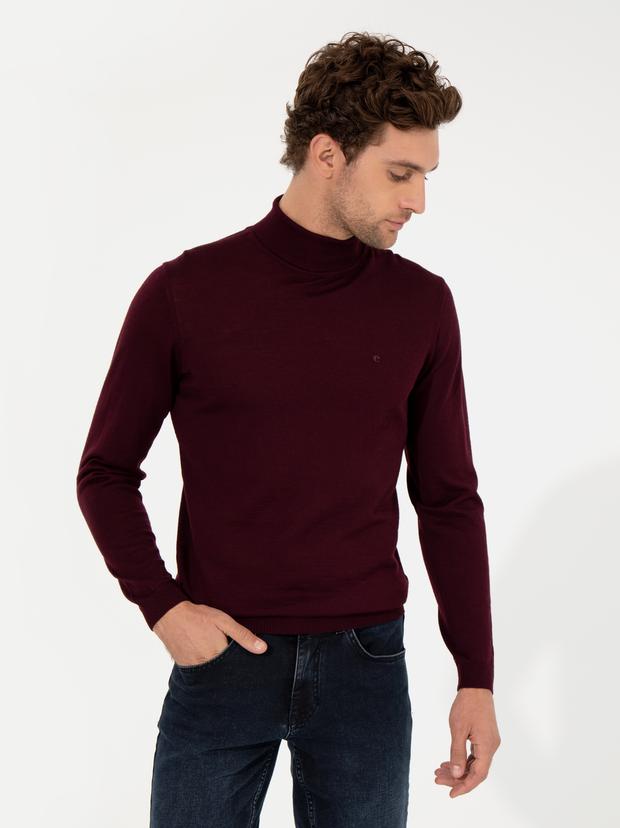 Bordo Slim Fit Balıkçı Yaka Basic Triko Kazak