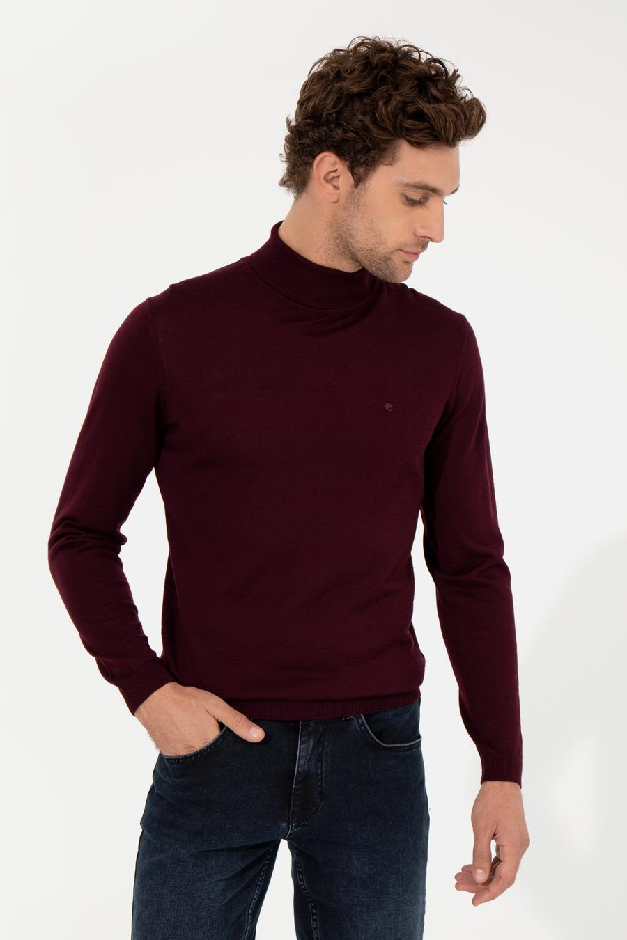 Bordo Slim Fit Balıkçı Yaka Basic Triko Kazak - 50257269057